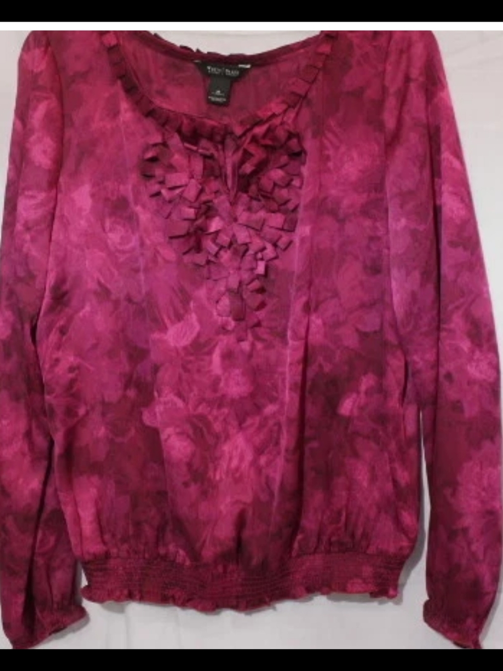 White House Black Market Pink Floral Ruffle-Trim Long Sleeve Top